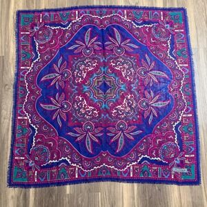 100% Wool Paisley Medallion Square Scarf Fringe Edge Blue/Pink Casca for Magid